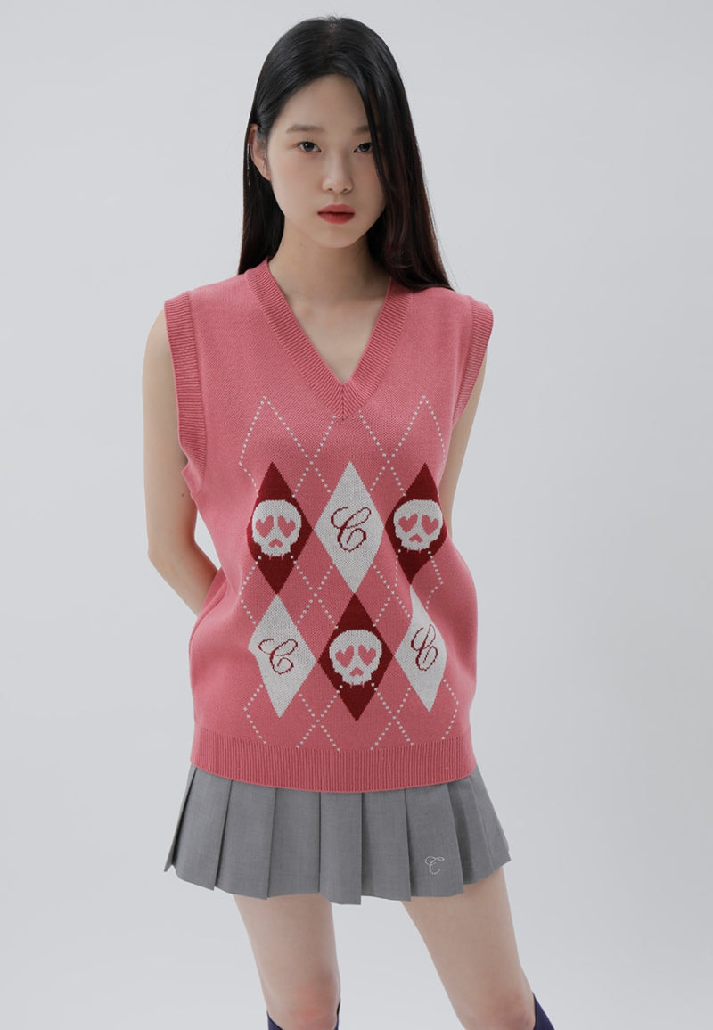 curetty (キュリティー) C SKULL ARGYLE KNIT VEST_PINK