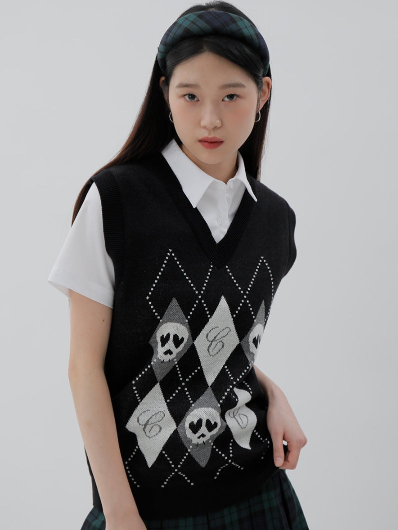 curetty (キュリティー) C SKULL ARGYLE KNIT VEST_BLACK