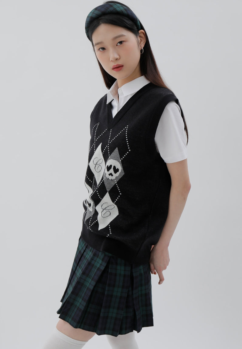 curetty (キュリティー) C SKULL ARGYLE KNIT VEST_BLACK