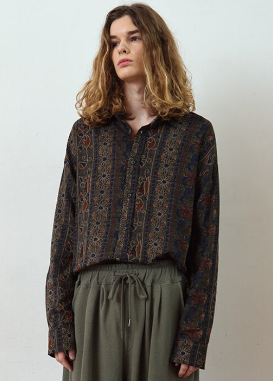 A NOTHING (エーナッシング) WOOD-CUT DROP-SHOULDER SHIRT (Khaki)