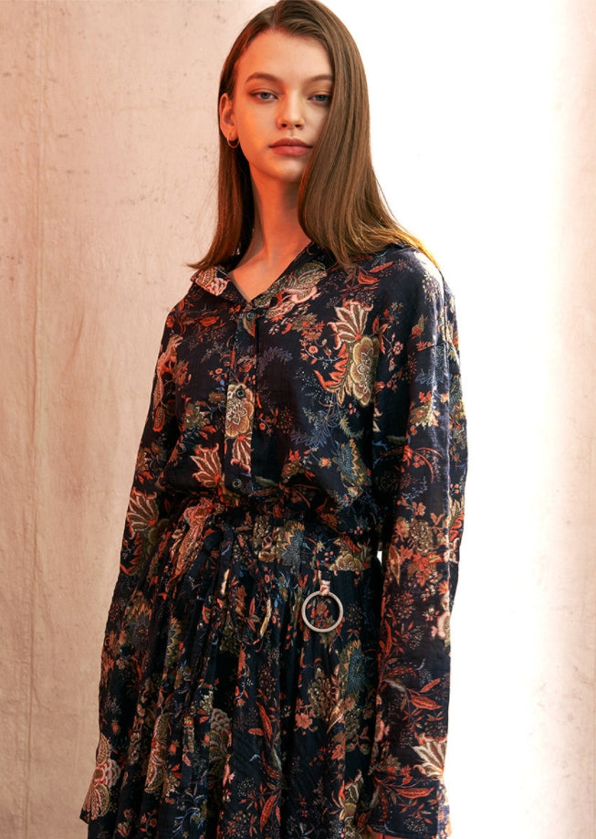 A NOTHING (エーナッシング) VINTAGE FLOWER DROP-SHOULDER SHIRT (Navy)