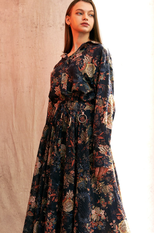 A NOTHING (エーナッシング) VINTAGE FLOWER DROP-SHOULDER SHIRT (Navy)