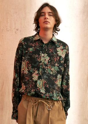 A NOTHING (エーナッシング) VINTAGE FLOWER DROP-SHOULDER SHIRT (Black)