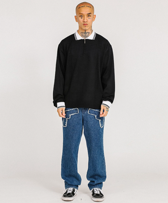 アジョバイアジョ(AJOBYAJO)          Cable Stitch Collar Zip Up [Black]