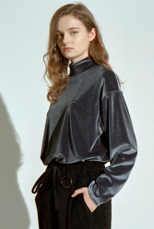 A NOTHING (エーナッシング) DROP-SHOULDER VELVET TURTLE-NECK TEE (Charcoal)
