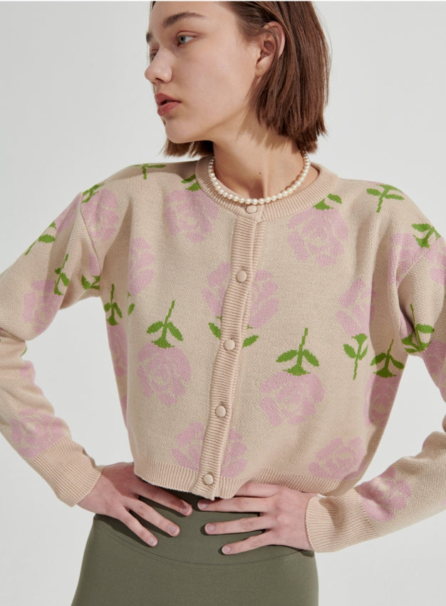 ワンダービジター(WONDER VISITOR)  Rose pattern Crop Cardigan [Beige]