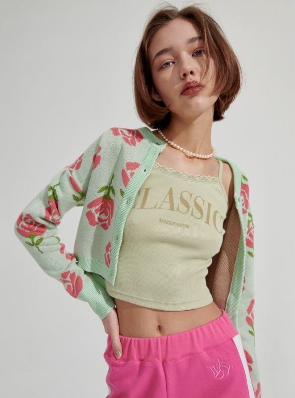 ワンダービジター(WONDER VISITOR) Rose pattern Crop Cardigan [Mint]