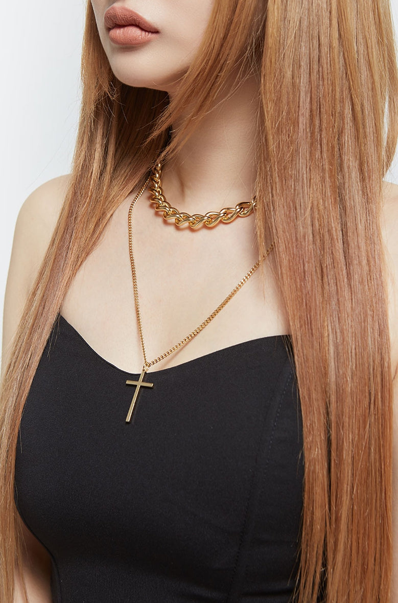 PASION (パシオン) Cross and Bold Choker Chain Necklace (Gold)
