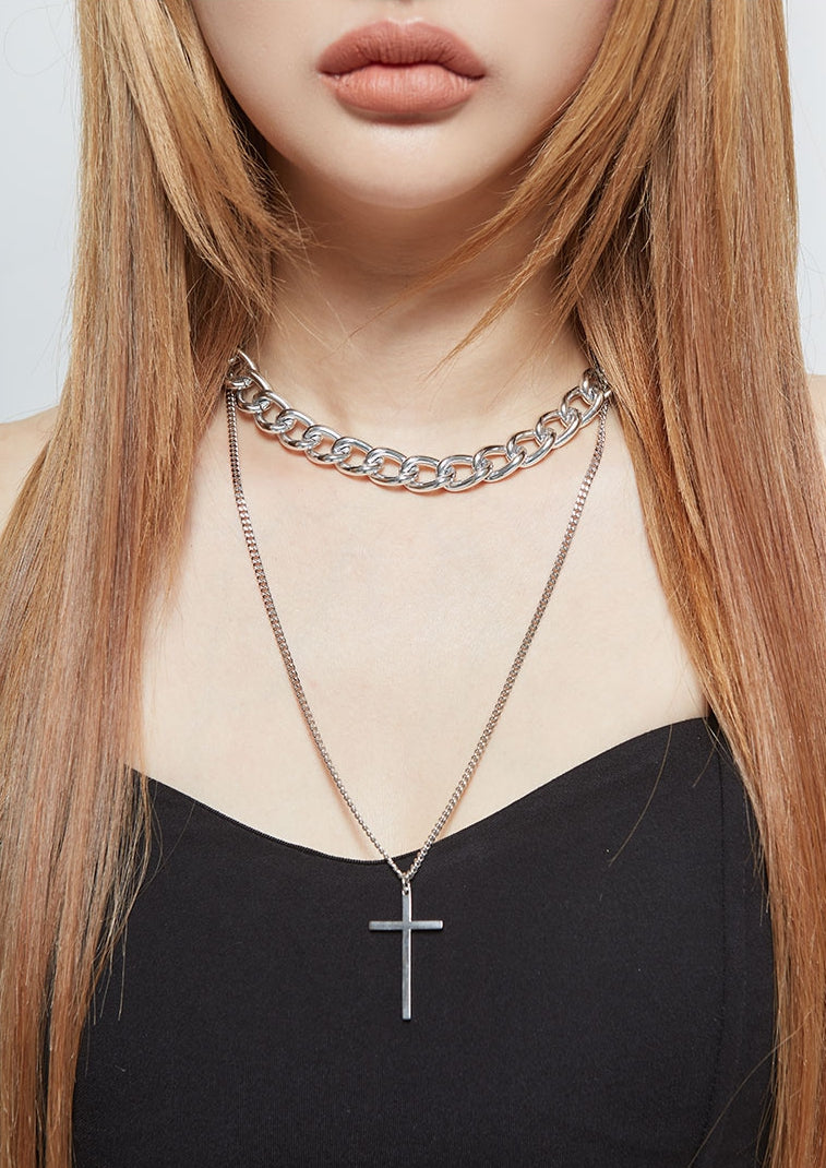 PASION (パシオン) Cross and Bold Choker Chain Necklace (Silver)
