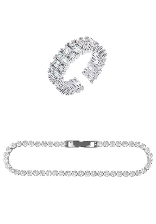 PASION (パシオン) Tennis Chain Bracelet + Twinkle Bling Ring SET (Silver)