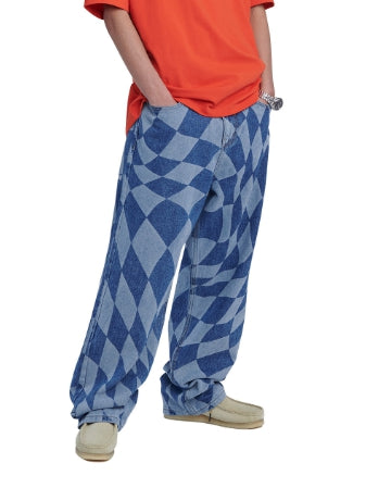 NOMANUAL(ノーマニュアル)  D.T CHECKERBOARD DENIM PANTS - WASHED BLUE