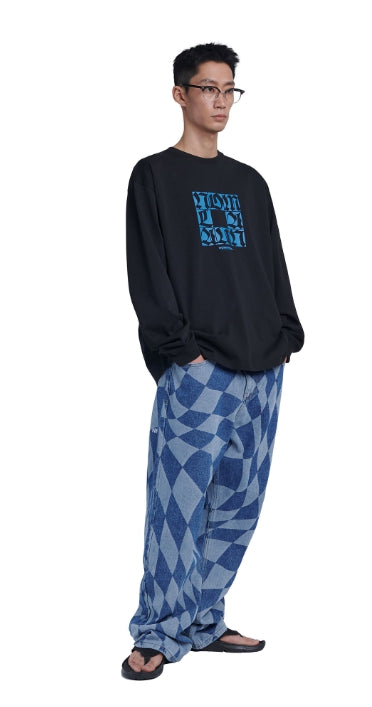 NOMANUAL(ノーマニュアル)  D.T CHECKERBOARD DENIM PANTS - WASHED BLUE