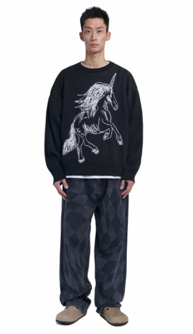 NOMANUAL(ノーマニュアル) UNICORN JACQUARD KNIT - BLACK