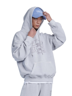 NOMANUAL(ノーマニュアル) P.DYED EMBROIDERY HOODIE - LIGHT GRAY