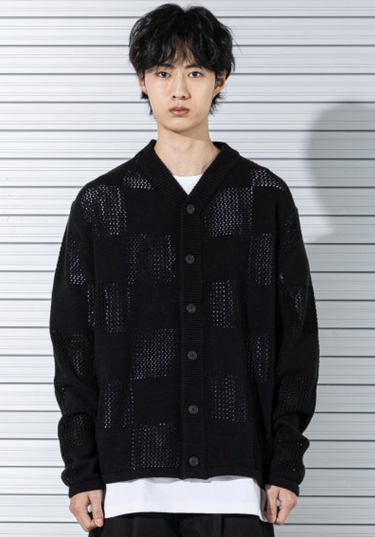 マスノウン(MASSNOUN) PUNCHING CHECKERBOARD KNIT CARDIGAN MSTCD001-BK