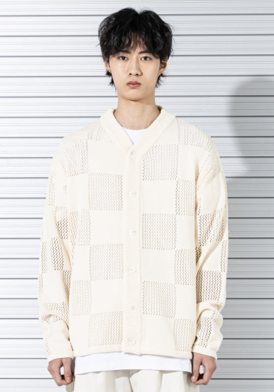 マスノウン(MASSNOUN) PUNCHING CHECKERBOARD KNIT CARDIGAN MSTCD001-CR