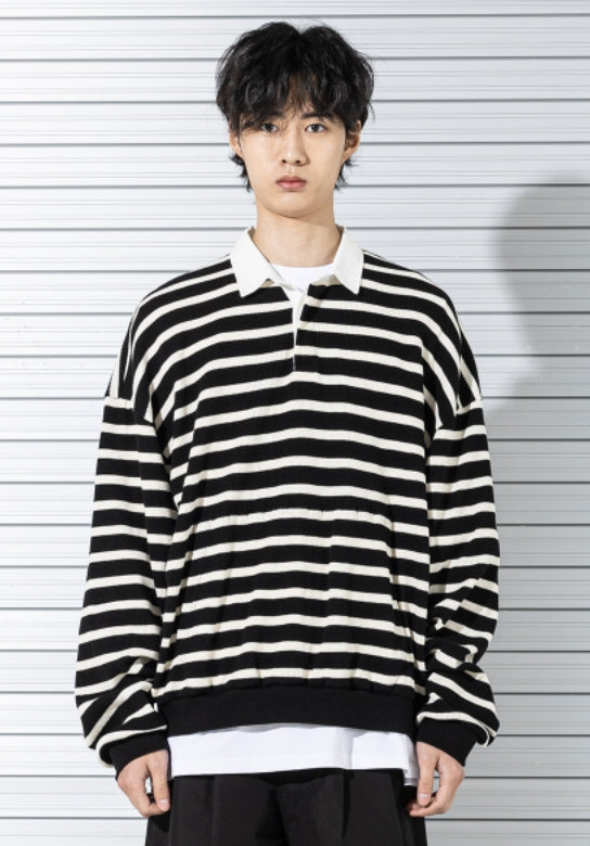 マスノウン(MASSNOUN) RUGBY WAFFLE STRIPE CREWNECK MSTLS002-BK