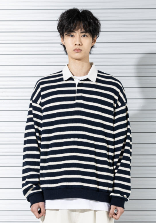 マスノウン(MASSNOUN) RUGBY WAFFLE STRIPE CREWNECK MSTLS002-NV