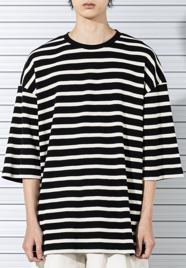 マスノウン(MASSNOUN)  WAFFLE STRIPE OVERSIZED T-SHIRTS MSTTS012-BK
