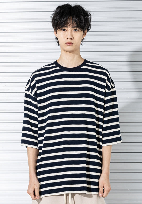 マスノウン(MASSNOUN) WAFFLE STRIPE OVERSIZED T-SHIRTS MSTTS012-NV