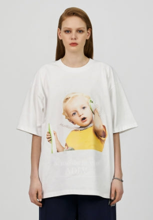 アクメドラビ(acme' de la vie) BABY FACE TELEPHONE BABY SHORT SLEEVE T-SHIRT R WHITE