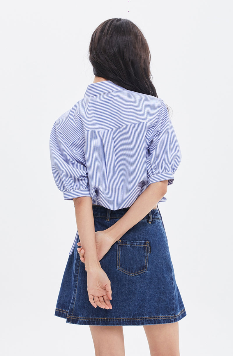 ROMANTIC CROWN(로맨틱 크라운) WOMANS BALLOON STRIPE SHIRT_BLUE
