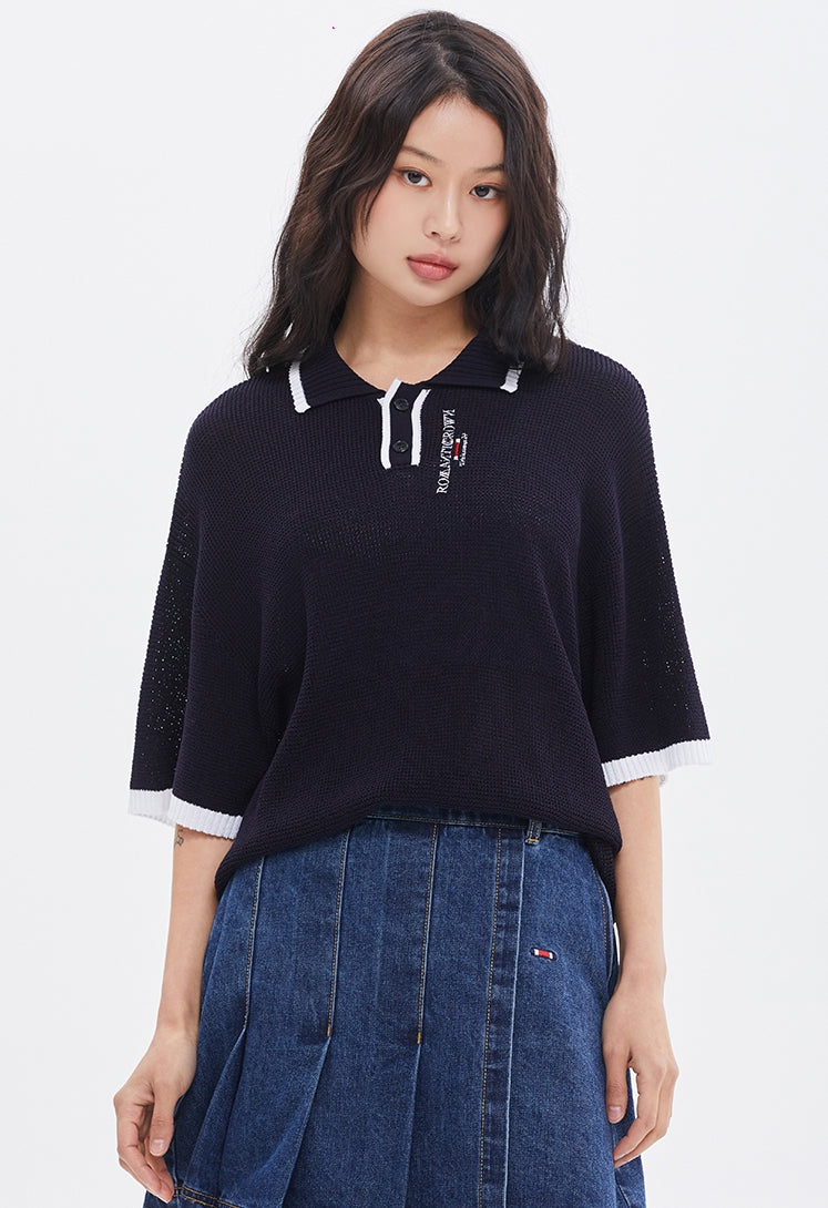 ROMANTIC CROWN(ロマンティック クラウン) VISCOSE KNIT POLO_NAVY