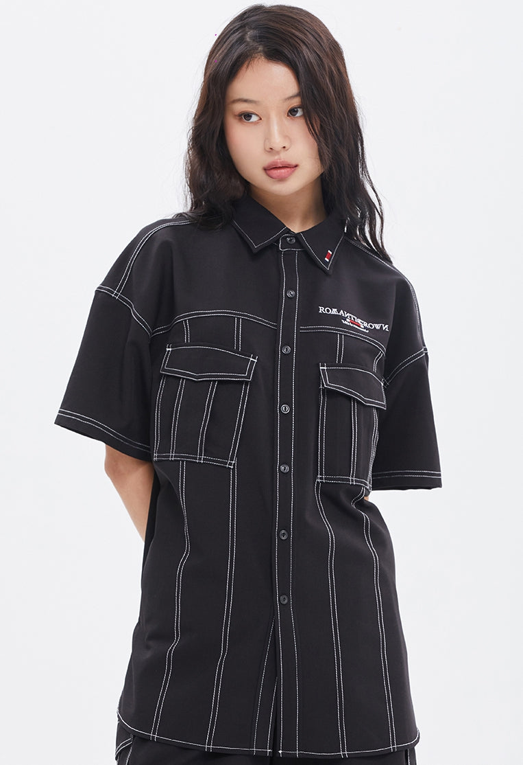 ROMANTIC CROWN(ロマンティック クラウン)  STITCH POCKET HALF SHIRT_BLACK