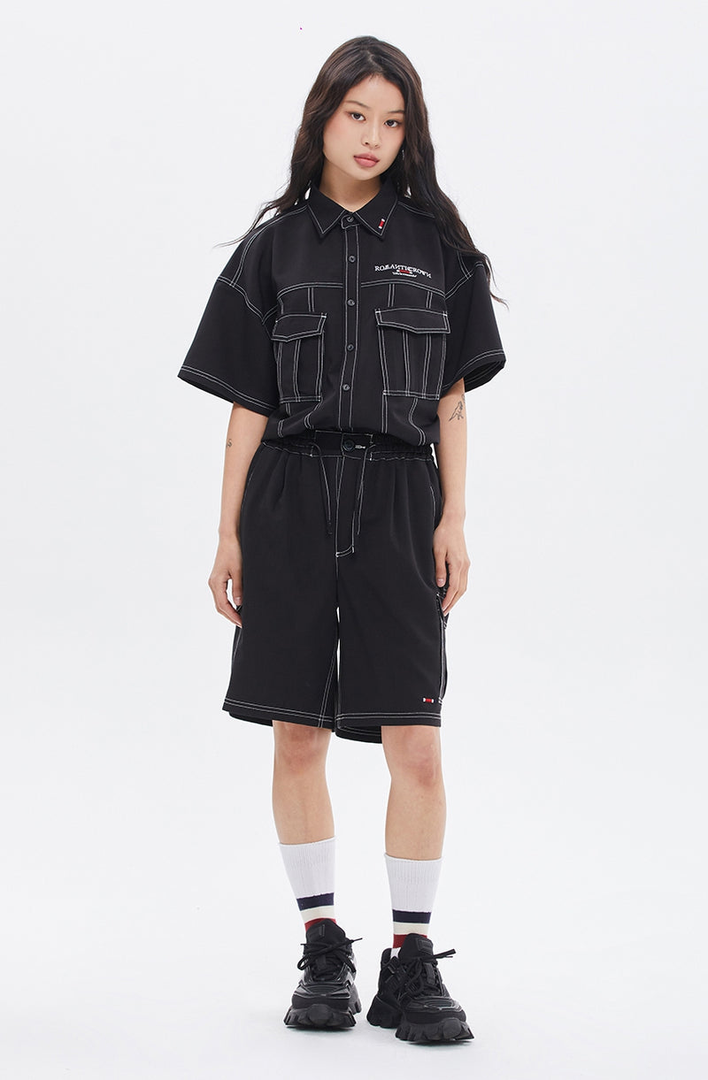 ROMANTIC CROWN(ロマンティック クラウン)  STITCH POCKET HALF SHIRT_BLACK