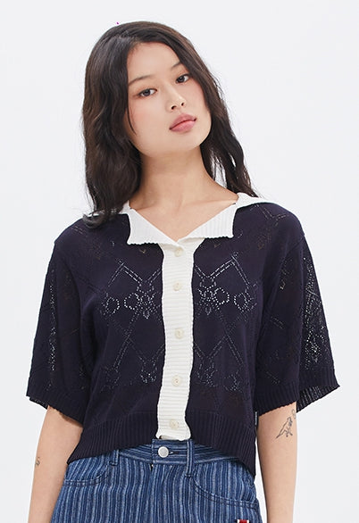 ROMANTIC CROWN(ロマンティック クラウン)  WOMANS PUNCHING CARDIGAN_NAVY