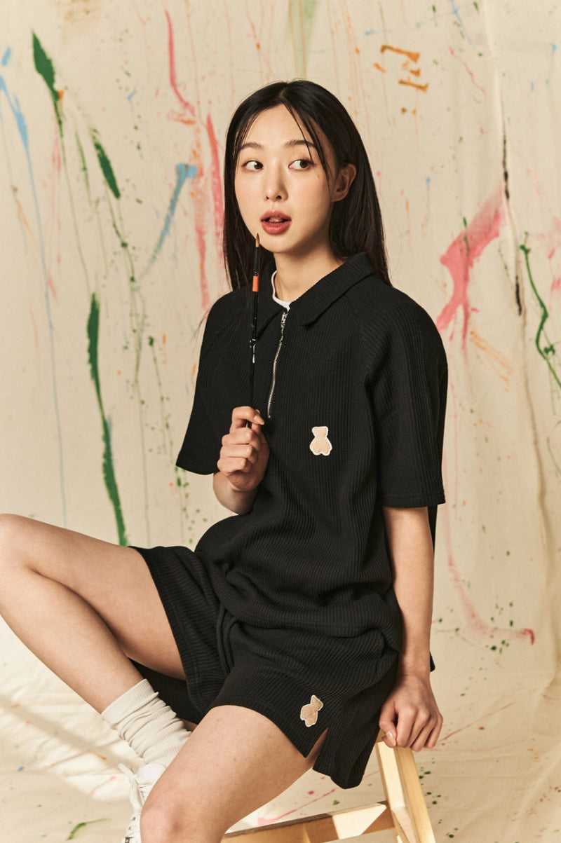 AQO_studiospace(アコスタジオスペース)  AQO BEAR WAFFLE POLO TEE BLACK