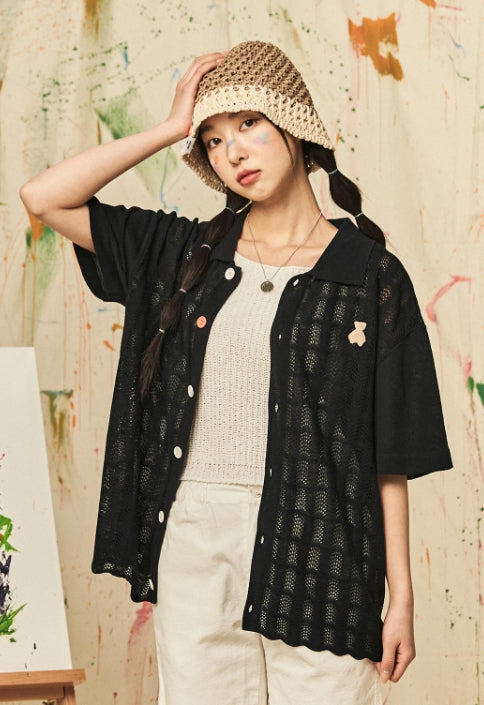 AQO_studiospace(アコスタジオスペース) AQO BEAR KNIT POLO SHIRTS BLACK