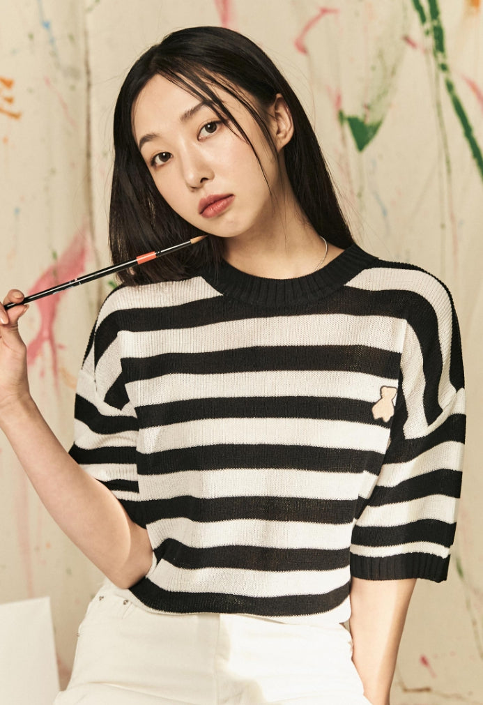 AQO_studiospace(アコスタジオスペース)  AQO BEAR STRIPE KNIT TEE BLACK