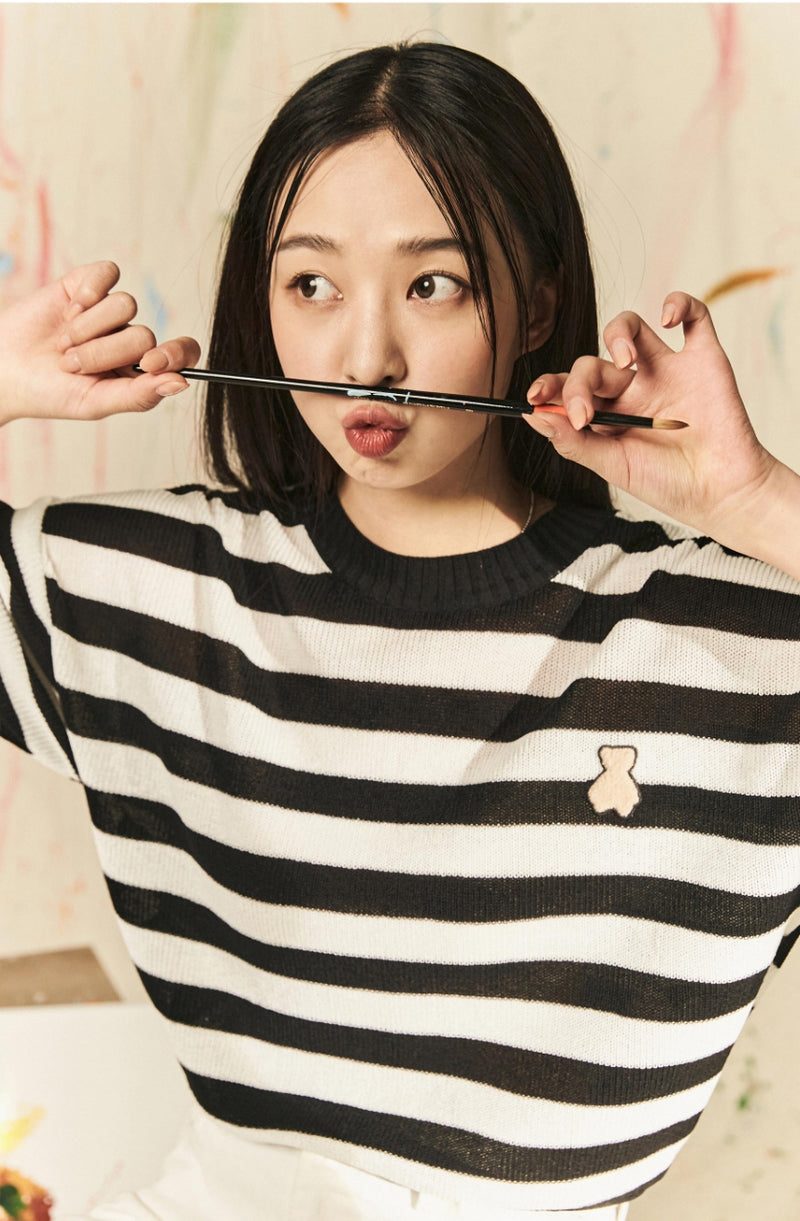 AQO_studiospace(アコスタジオスペース)  AQO BEAR STRIPE KNIT TEE BLACK