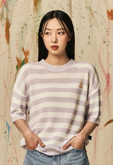 AQO_studiospace(アコスタジオスペース) AQO BEAR STRIPE KNIT TEE VIOLET