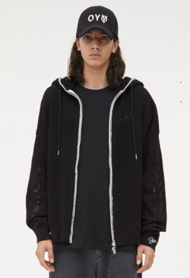 オーワイ(OY) NET STITCH KNIT HOODIE ZIP-BLACK
