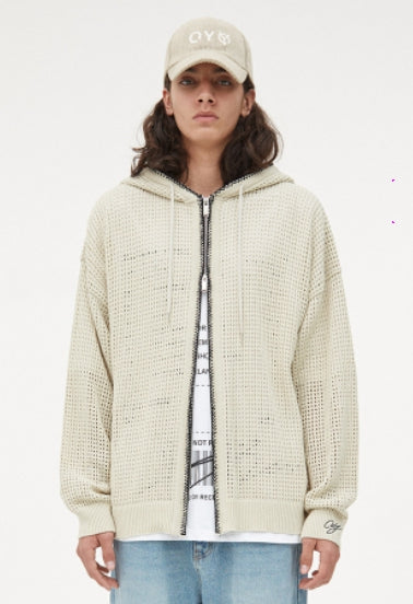オーワイ(OY) NET STITCH KNIT HOODIE ZIP-IVORY