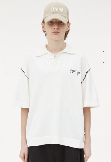 オーワイ(OY)  STITCH COLLAR HALF KNIT-WHITE