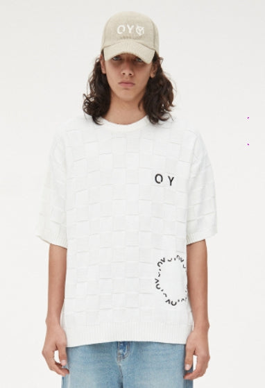 オーワイ(OY) ROUND LOGO SQUARE HALF KNIT-WHITE