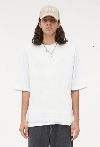 オーワイ(OY) STRIPE LOGO KNIT VEST-WHITE