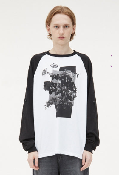 オーワイ(OY) FLOWER RAGLAN LONG SLEEVE-BLACK/WHITE