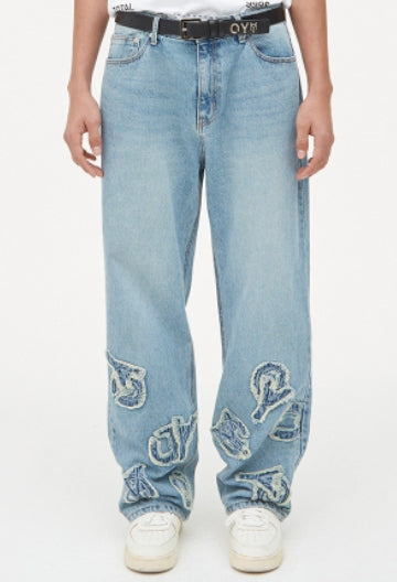 オーワイ(OY) PATCH LOGO WASHED PANTS-BLUE