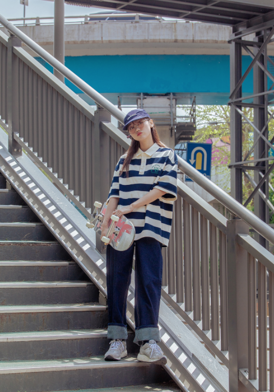 デイライフ(Daylife) Striped Rugby T-Shirt (Navy)