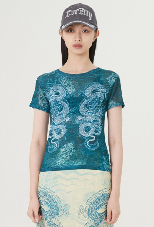 curetty (キュリティー) C DOUBLE DRAGON PRINT T-SHIRT_BLUE GREEN