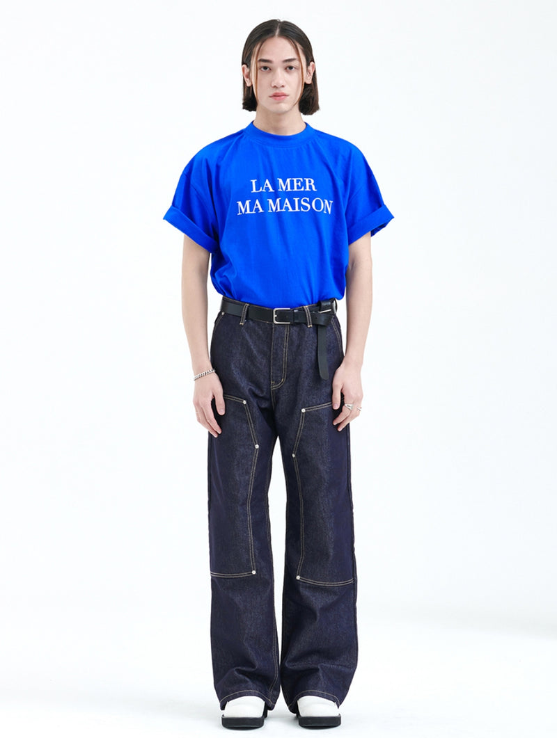 ラメルマメゾン (LA MER MA MAISON)  FLOCKING LOGO HALF-T BLUE