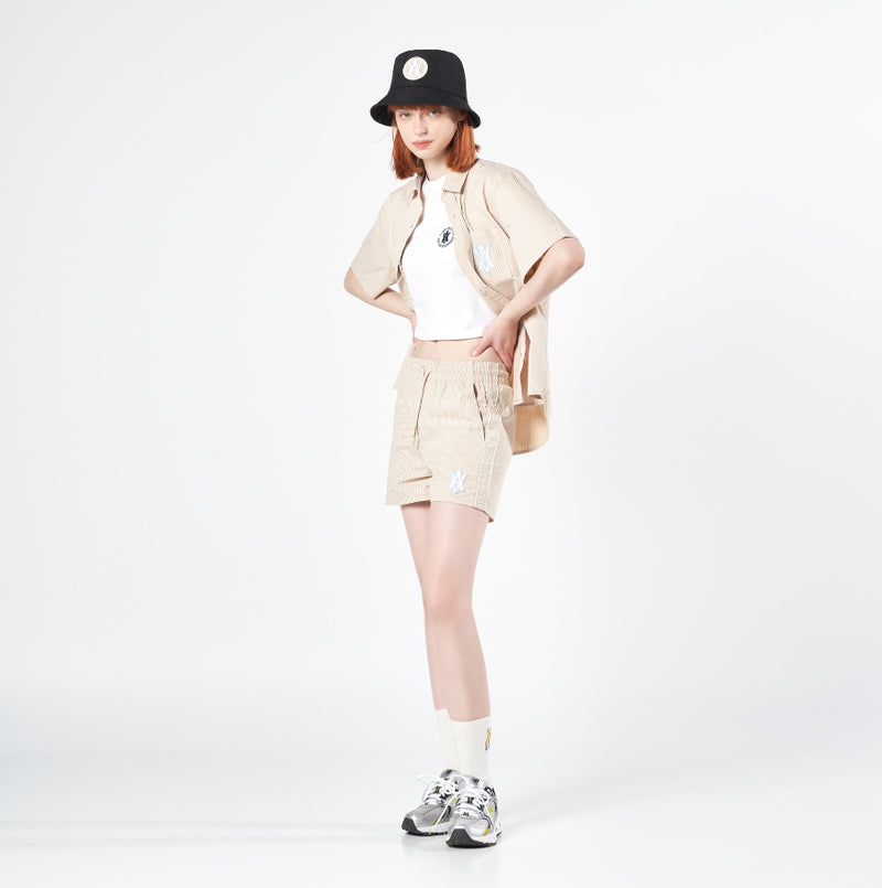 アクメドラビ(acme' de la vie) A LOGO EMBLEM PATCH STRIPE SHORT SLEEVE SHIRT BEIGE