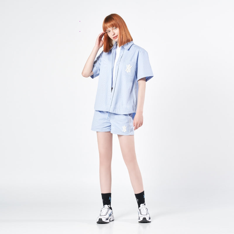アクメドラビ(acme' de la vie) A LOGO EMBLEM PATCH STRIPE SHORT SLEEVE SHIRT SKY BLUE