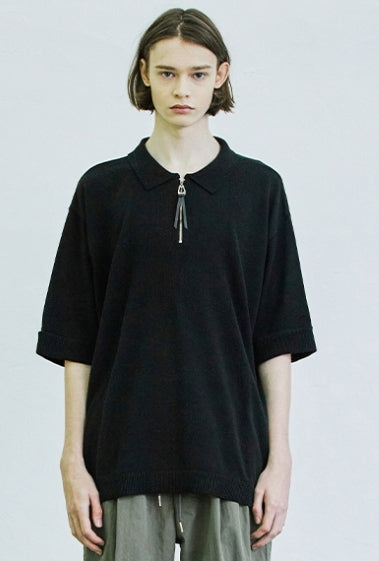 SSY(エスエスワイ)  square chest zipper polo knit t-shirt black