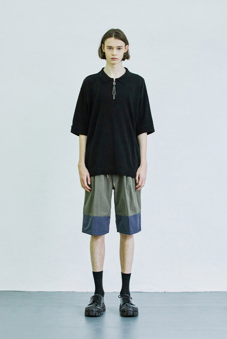 SSY(エスエスワイ)  square chest zipper polo knit t-shirt black