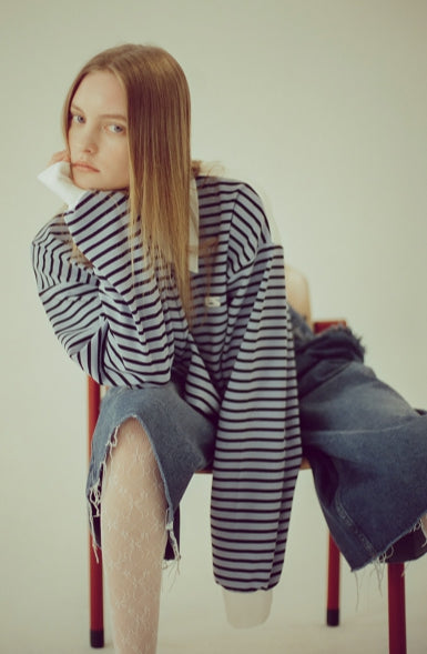 イーエスシースタジオ(ESC STUDIO)  stripe crop polor shirt (blue)